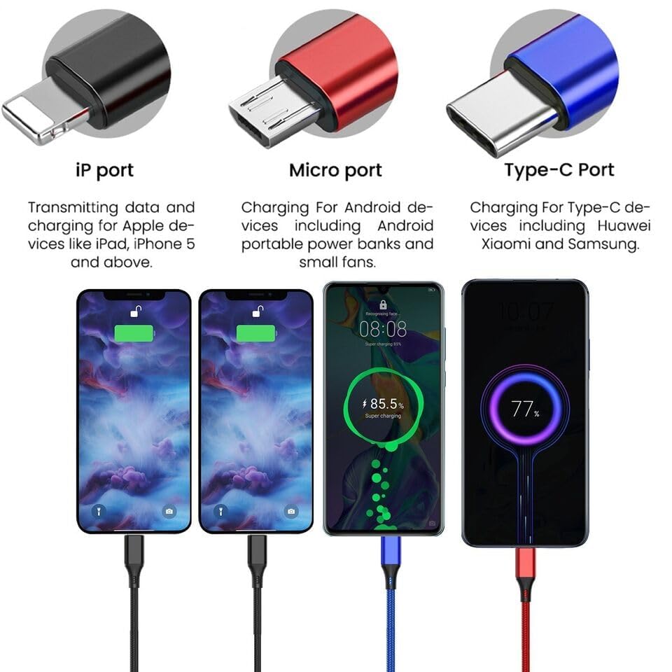 Alitayee 3 in 1 Multi Charging Cable with USB to Micro, USB Type C, Light-ning Pin, Compatible with Oppo, Vivo, Xiaomi, Samsung, iPhone, iPad Pro & Car Charging, 1 M, by Marchpower.