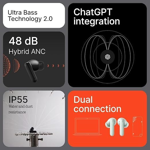 Buds 2 CMF with 50 dB ANC, Ultra Bass Technology & Upto 61 Hours of Battery Life Bluetooth Headset,4HD Mics,USB-C Charging Case,14mm Drivers,Easy Use for iPhone,Apple Compatible (Orange)