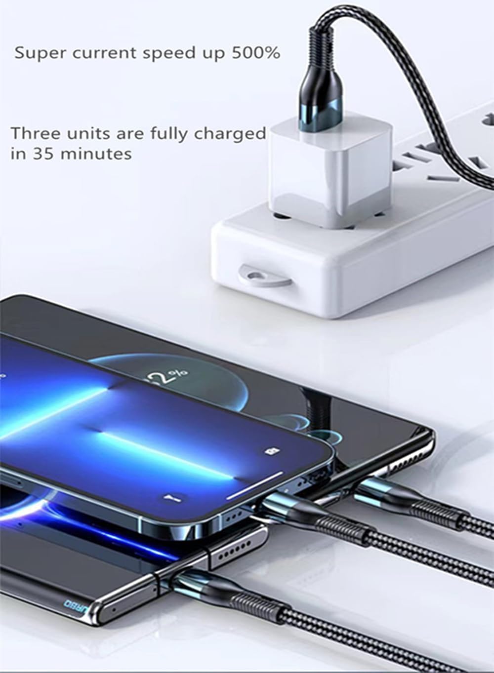 Alitayee 3 in 1 Multi Charging Cable with USB to Micro, USB Type C, Light-ning Pin, Compatible with Oppo, Vivo, Xiaomi, Samsung, iPhone, iPad Pro & Car Charging, 1 M, by Marchpower.