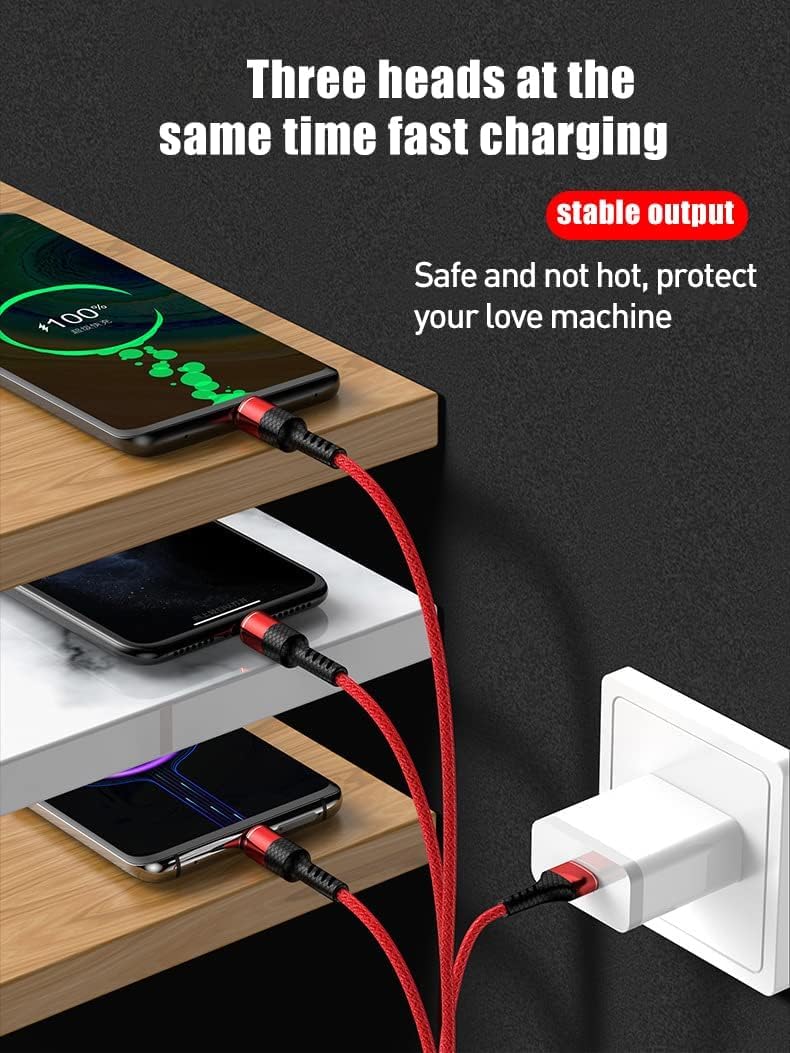 Alitayee 3 in 1 Multi Charging Cable with USB to Micro, USB Type C, Light-ning Pin, Compatible with Oppo, Vivo, Xiaomi, Samsung, iPhone, iPad Pro & Car Charging, 1 M, by Marchpower.