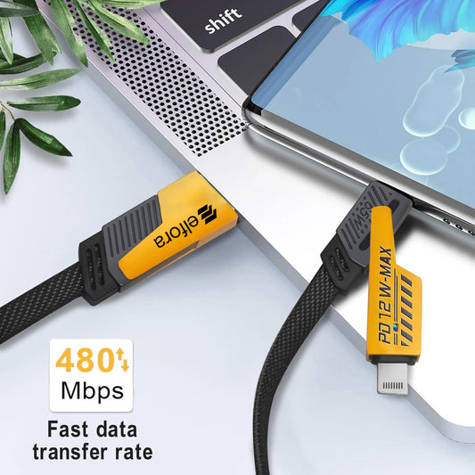 Elfora 4 in 1 Braided Fast Charging Cable 65W | Quad 1.5m Rugged Design Multiport | Type C to Lightning | Type C to USB A | Compatible for iPhones, iPads, Tablets, MacBooks and Android Devices -Black